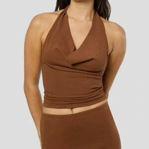 WeWoreWhat Brown Saddle Halter Cowl Neck Open Back Top - Jersey Size Medium